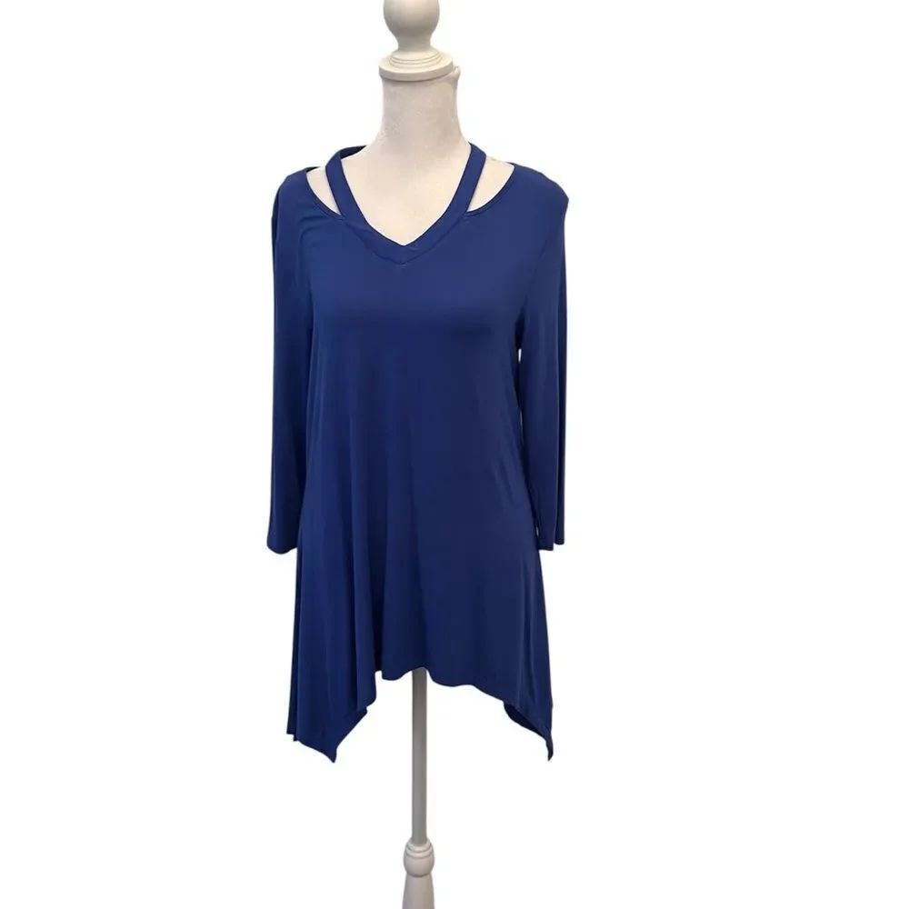 Premise royal blue size small 3/4 sleeve shark bite hem neck cutouts worn 1x EUC